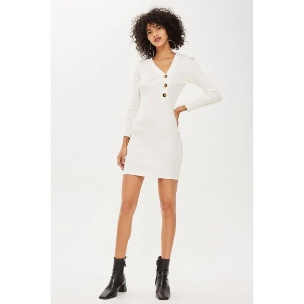 Topshop Button Ribbed Long Sleeve White Bodycon Dress